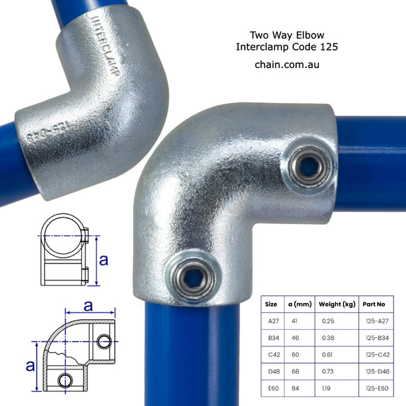 Two Way Elbow 90° Angle Joint for Galvanised Pipe (Interclamp Code 125). Shop rail and pipe fittings online chain.com.au. Australia wide delivery.