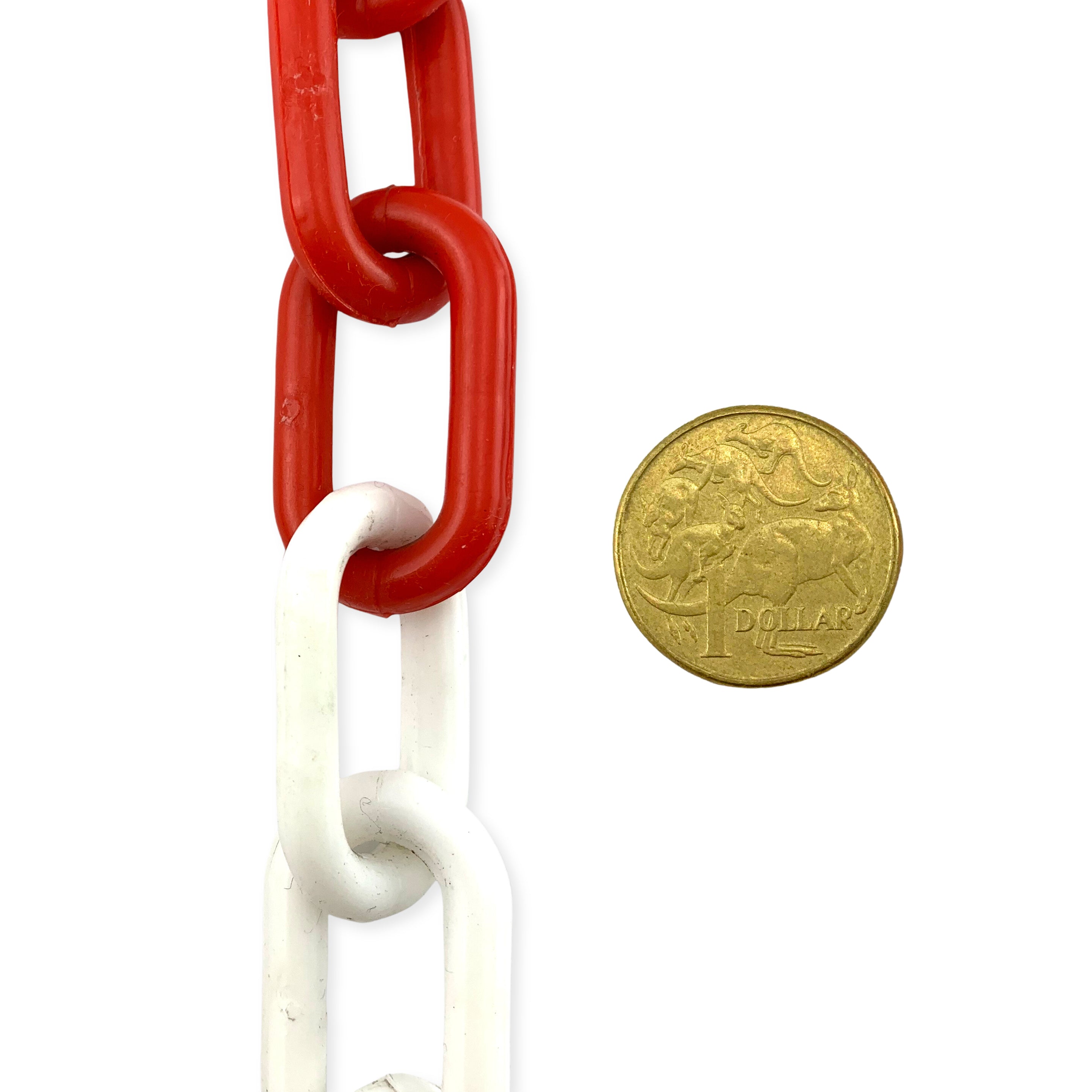 Plastic Chain - Red and White Intermittent - 6mm. Order by the metre. Melbourne Australia