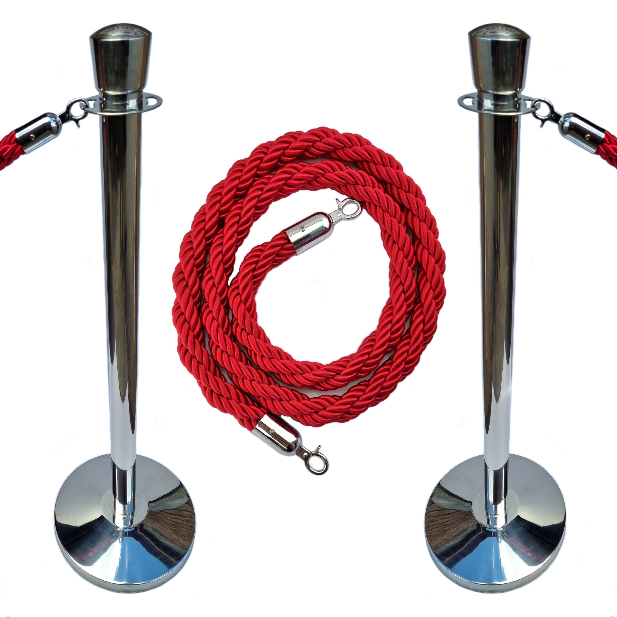 Bollard Set - Traditional chrome bollards with Red or Black Rope. Chain.com.au