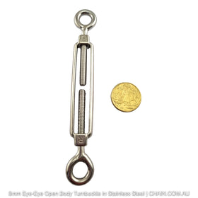 6mm Eye-Eye Open Body Turnbuckle in 316 Marine Grade Stainless Steel. Shop turnbuckles and hardware with shipping Australia wide. Shop: Chain.com.au.