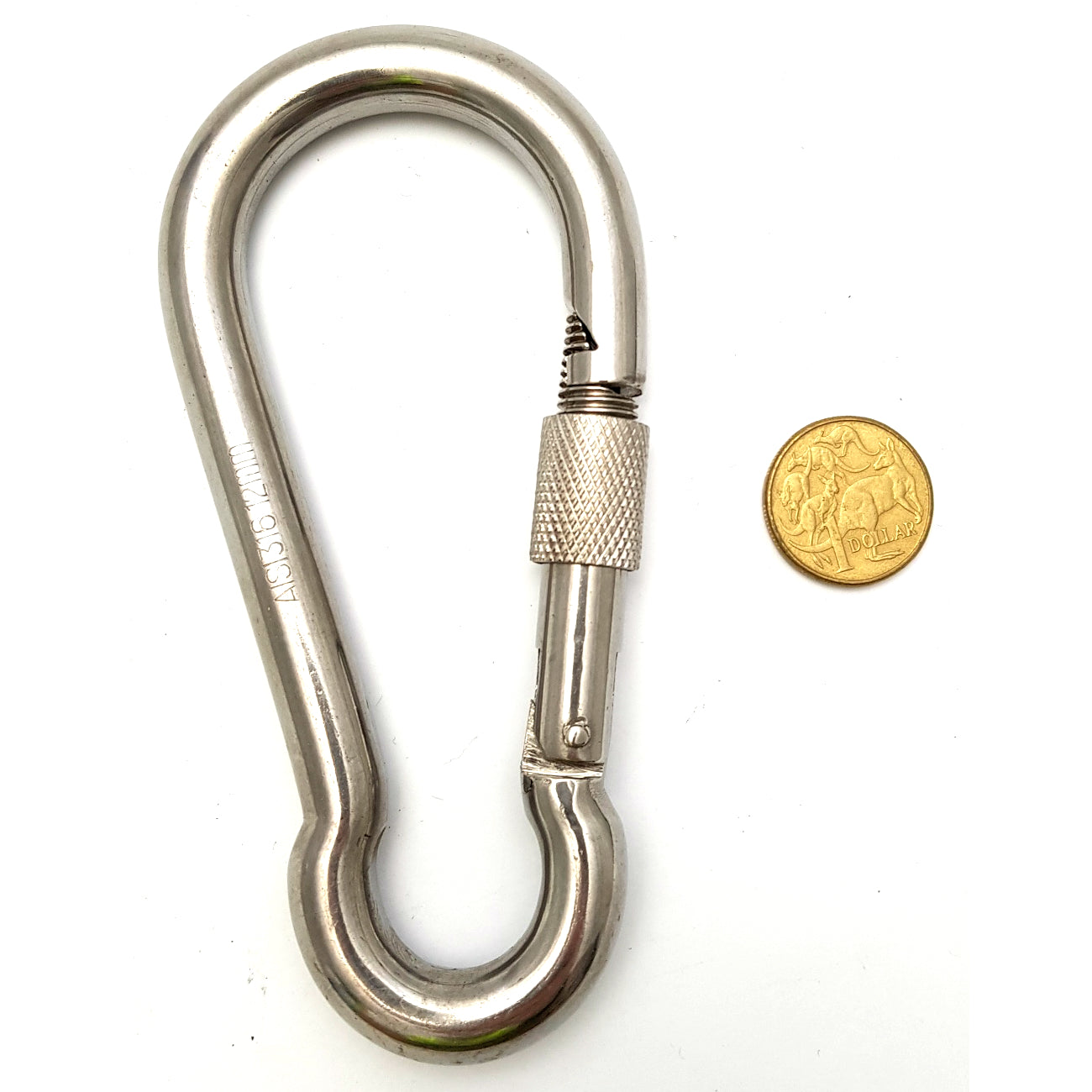 Stainless steel snap hook with locking screw gate (carabiner), size 12mm. Australia wide shipping. Shop chain.com.au
