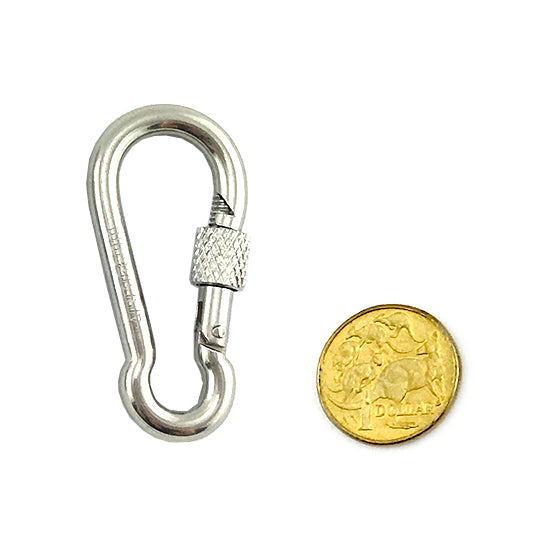 Stainless steel snap hook with locking screw gate (carabiner), size 6mm. Australia wide shipping. Shop chain.com.au