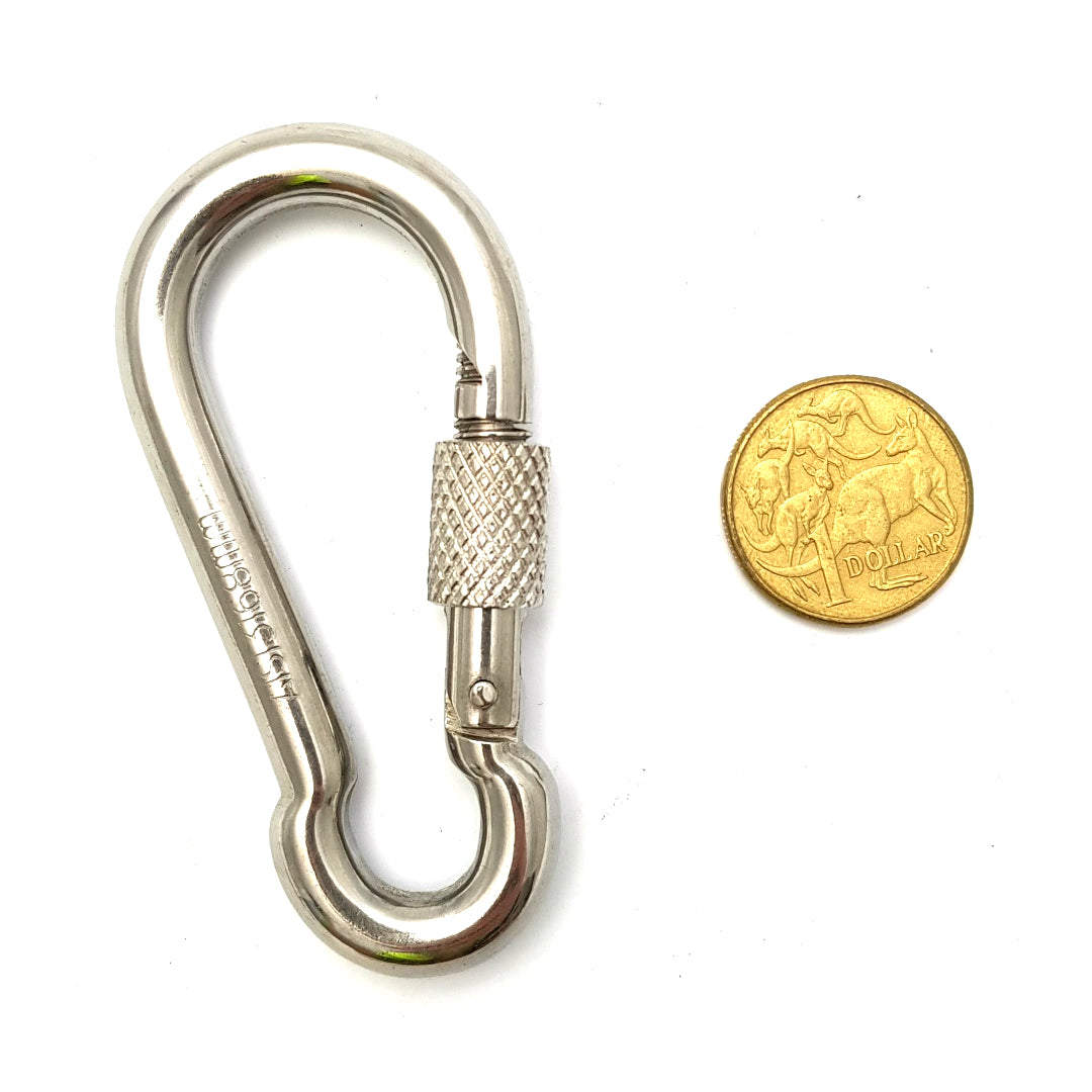 Stainless steel snap hook with locking screw gate (carabiner), size 8mm. Australia wide shipping. Shop chain.com.au