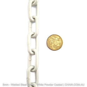 Welded Steel Chain - White Powder Coated. Size: 5mm. Chain by the metre or bulk buy 25kg buckets. Shipping Australia wide. Shop online chain.com.au