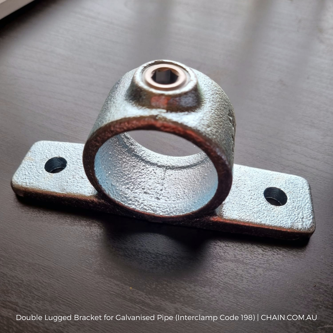 Double Lugged Bracket for Galvanised Pipe. Various sizes. Interclamp code 198. Shop rail & pipe fittings online chain.com.au. Australia wide shipping.