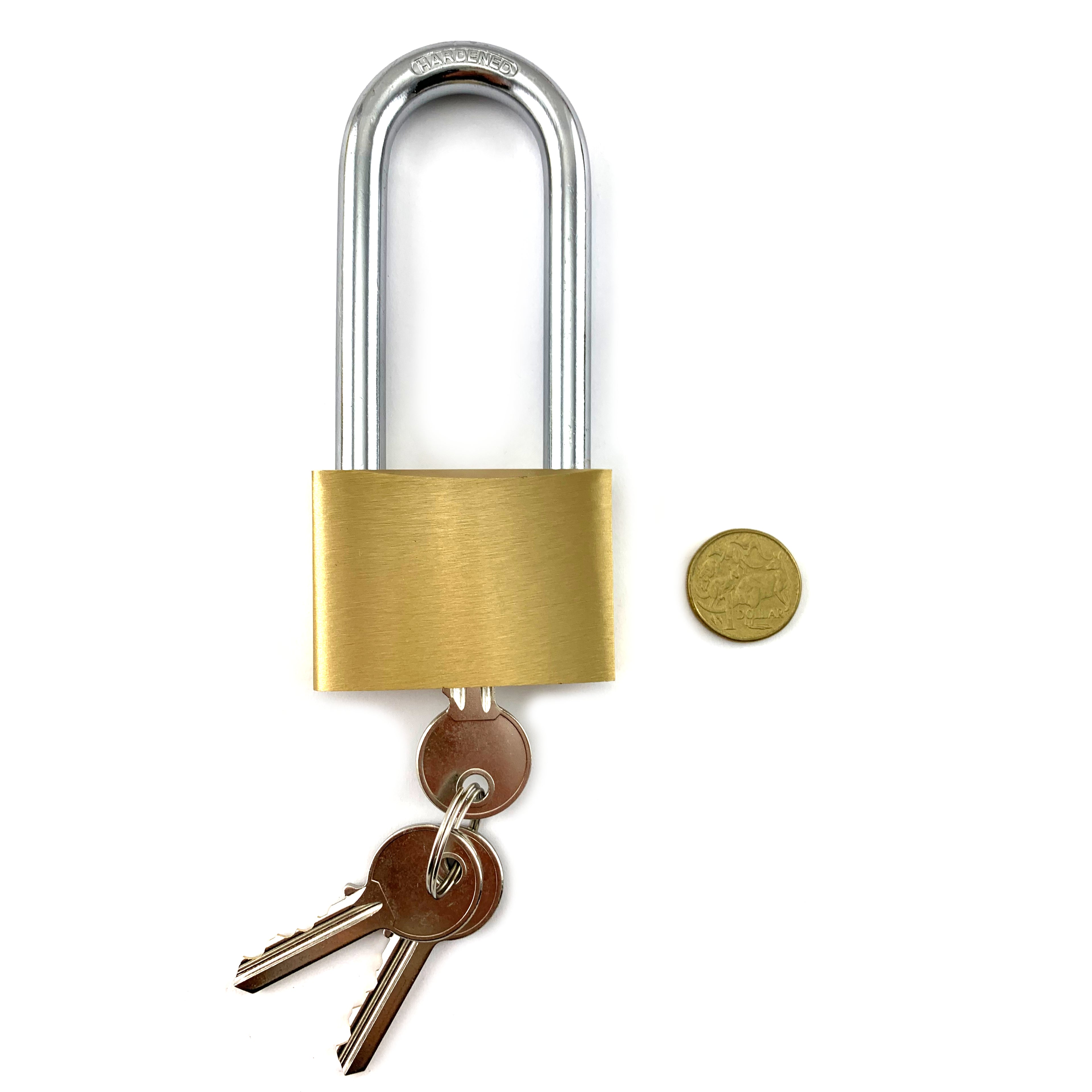 Brass Padlock Large, long shackle, size 12mm, hardened steel and brass. Australia wide delivery.