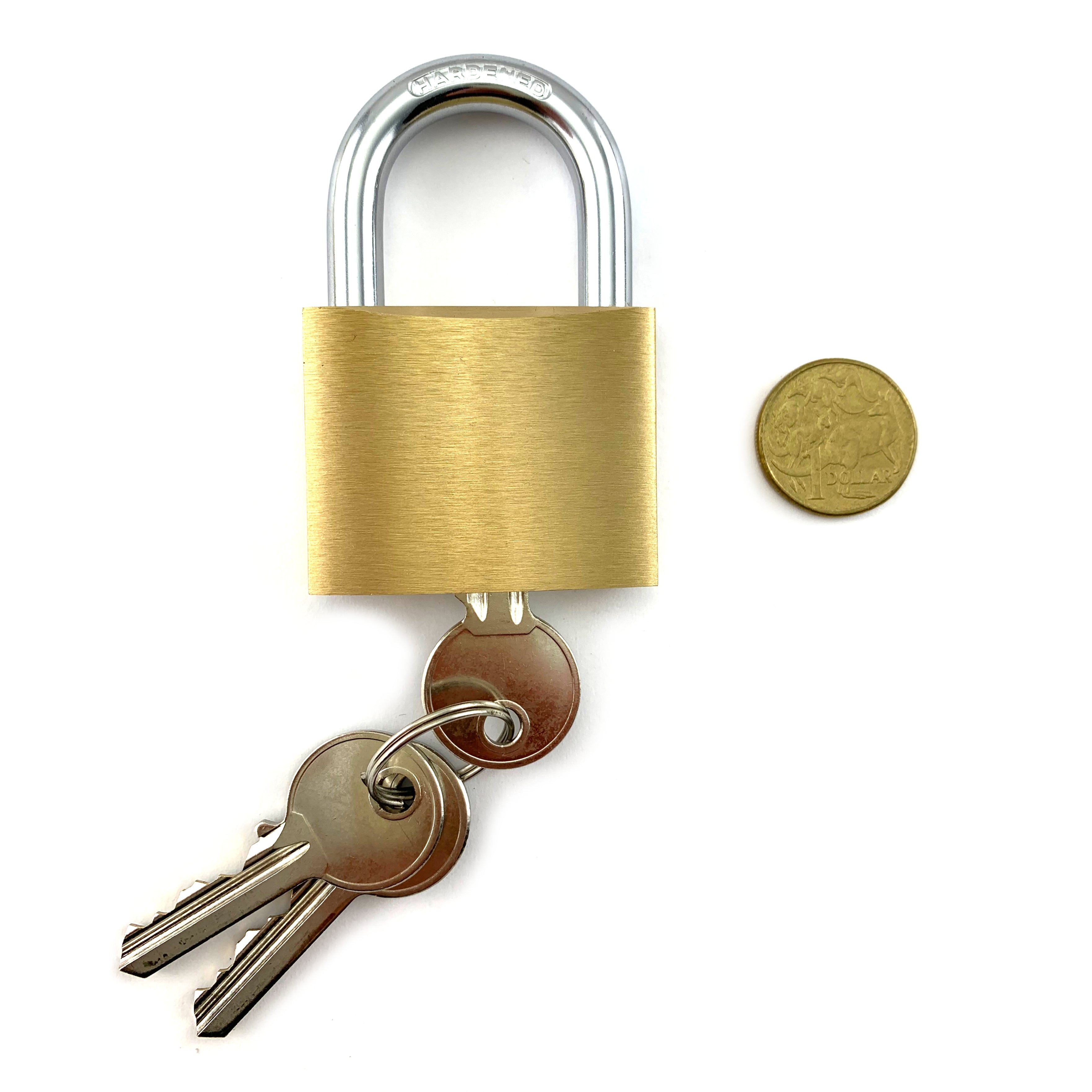 Brass Padlock, hardened steel and brass. Medium size, 8mm shackle. Australia wide delivery.