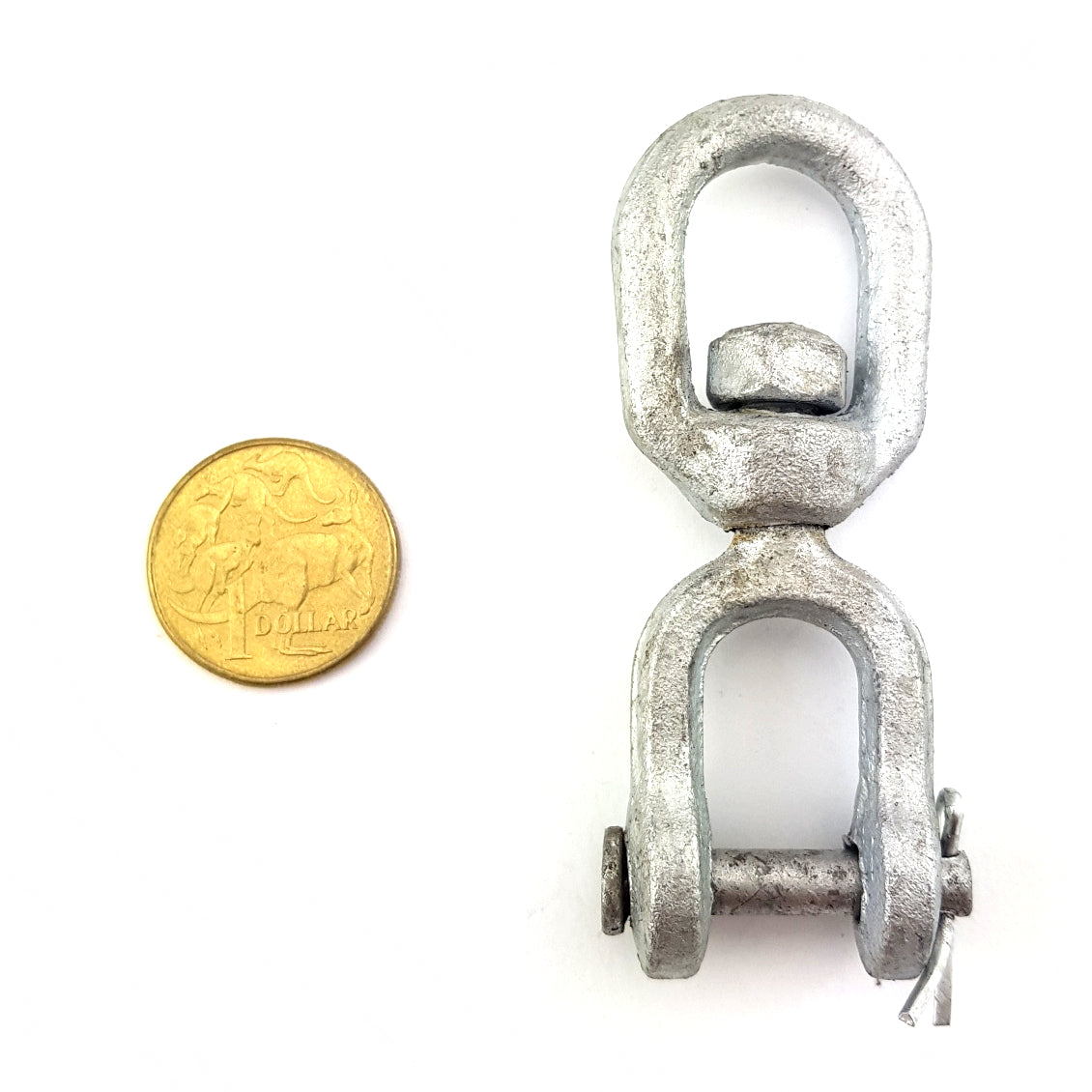 Galvanised chain swivel with a linchpin opening, size 6mm. Melbourne Australia
