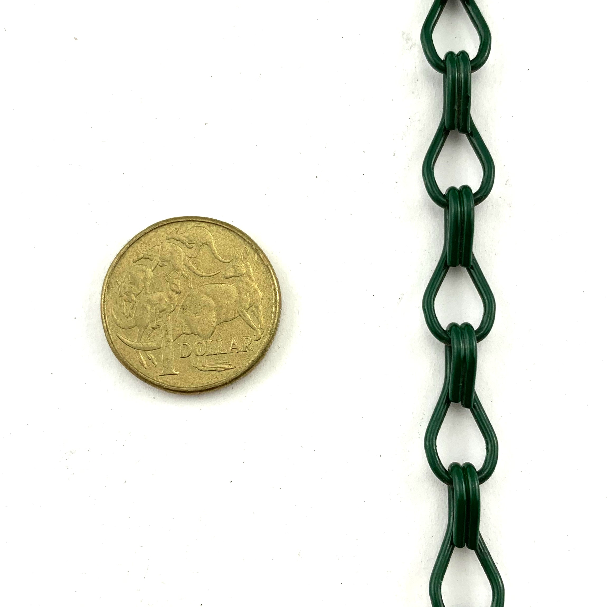 Commercial grade double jack chain in green powder coated finish, size: 1.6mm. By the metre. Melbourne Australia.