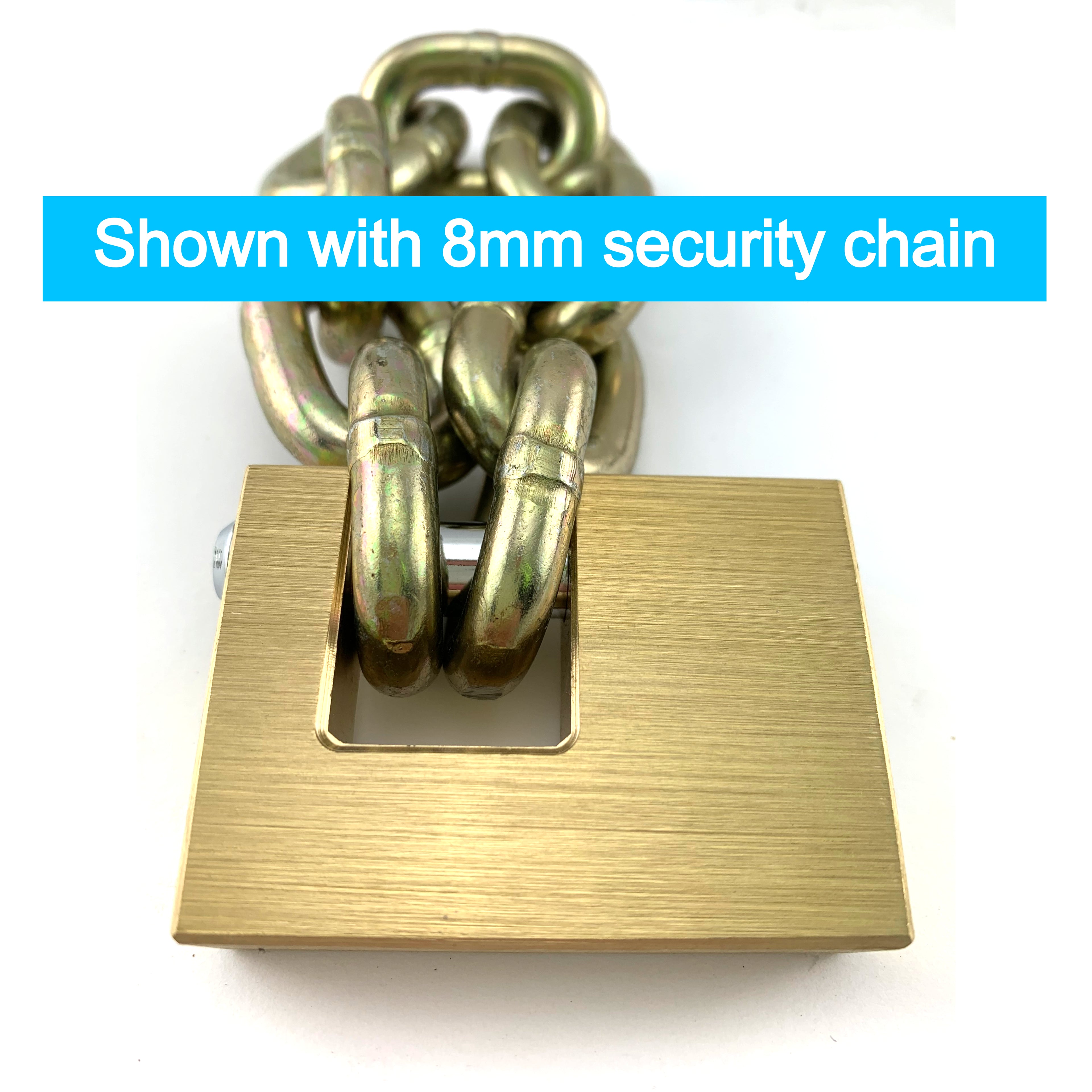 High-Security Monoblock Padlock 12mm, shown with 8mm security chain. Australia.