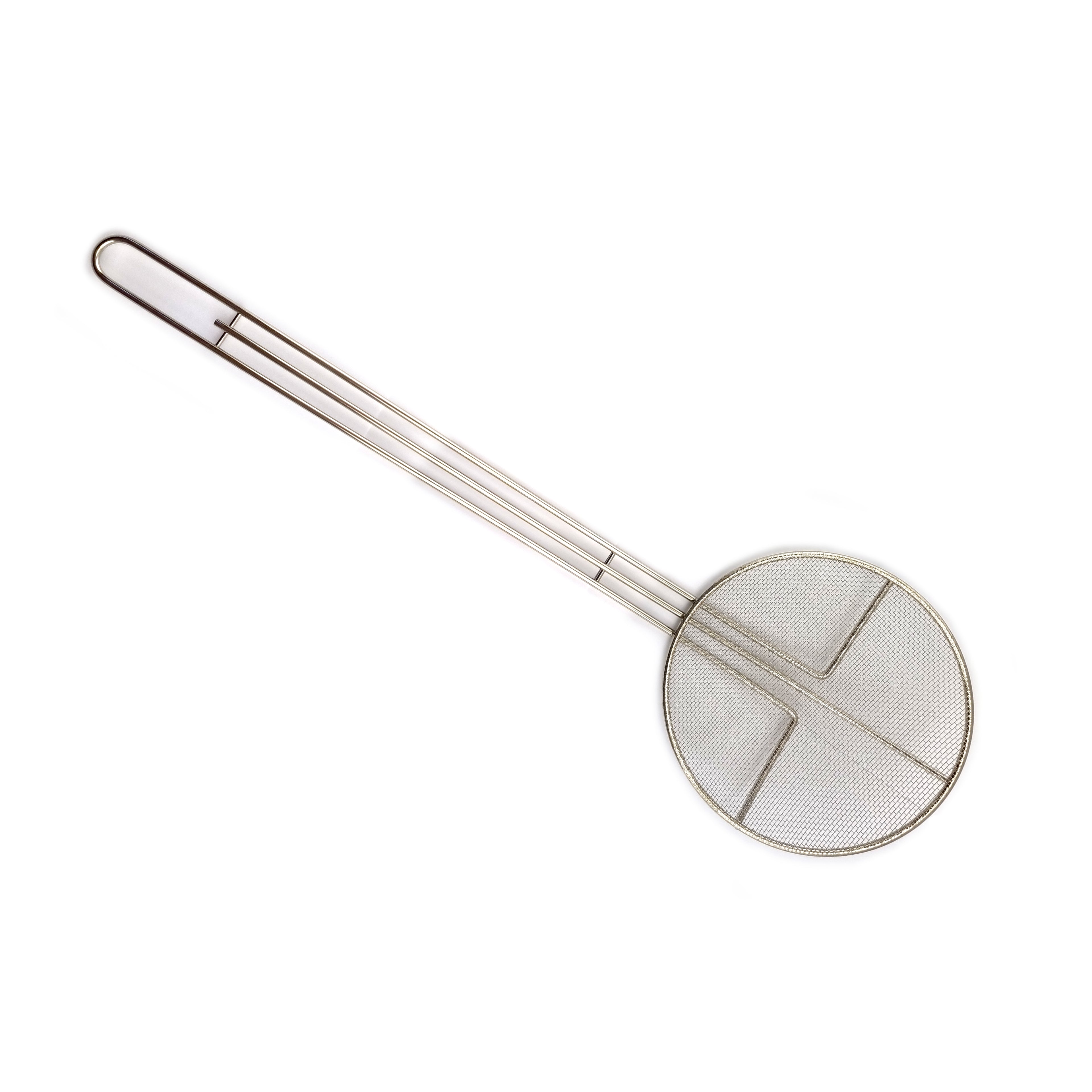 Modern style round scoop in nickel, 180mm diameter with a 400mm handle