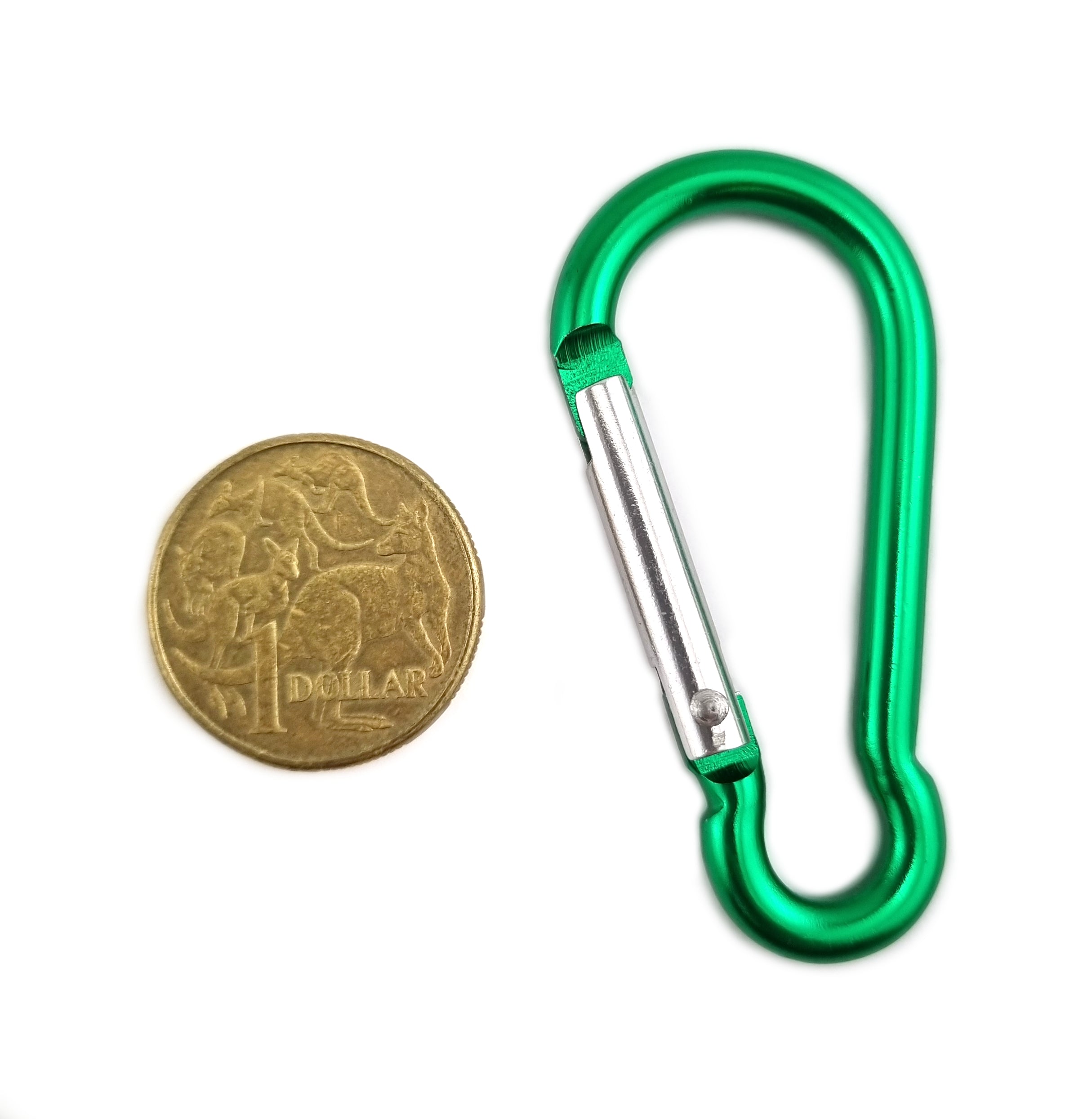 Aluminium snap hook carabiner in green, size 5mm, untested. Shop snap shackles and hardware online chain.com.au