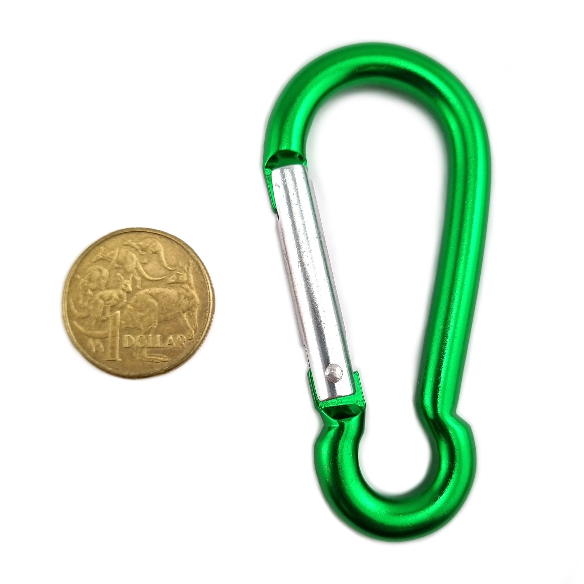 Aluminium snap hook in green, size 8mm, untested. Shop chain.com.au. Australia wide shipping