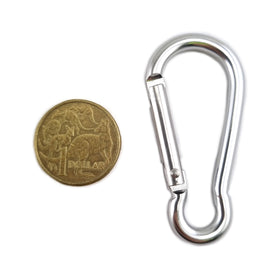 Aluminium snap hook Carabiner in silver, size 5mm, untested. Shop hardware online at chain.com.au