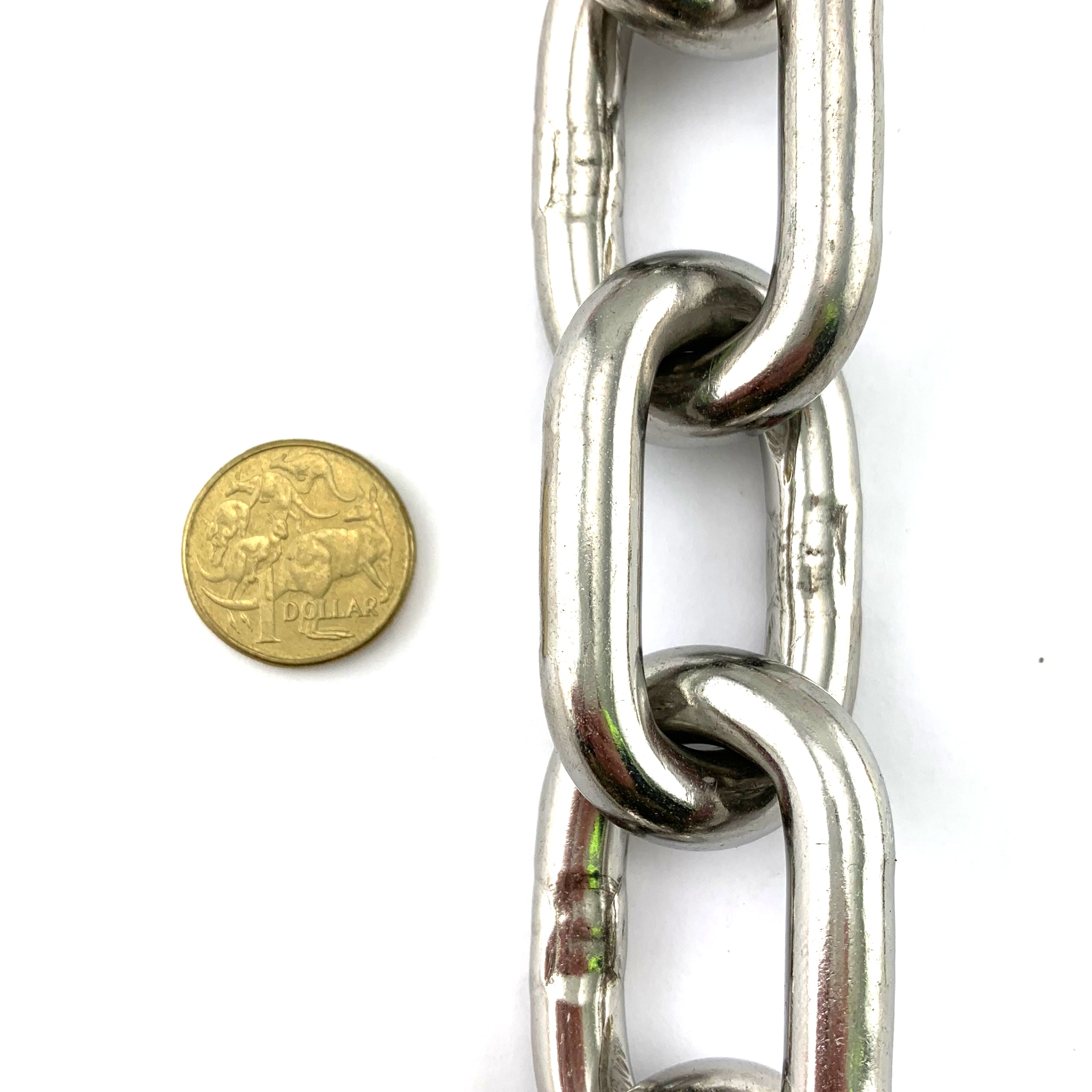10mm stainless steel welded link chain in a 25kg bucket, with 13.6 metres of chain. Melbourne, Australia.