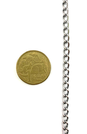 Attractive decorative curb chain (unwelded) in a chrome finish. Size: 1.2mm. By the metre. Melbourne Australia