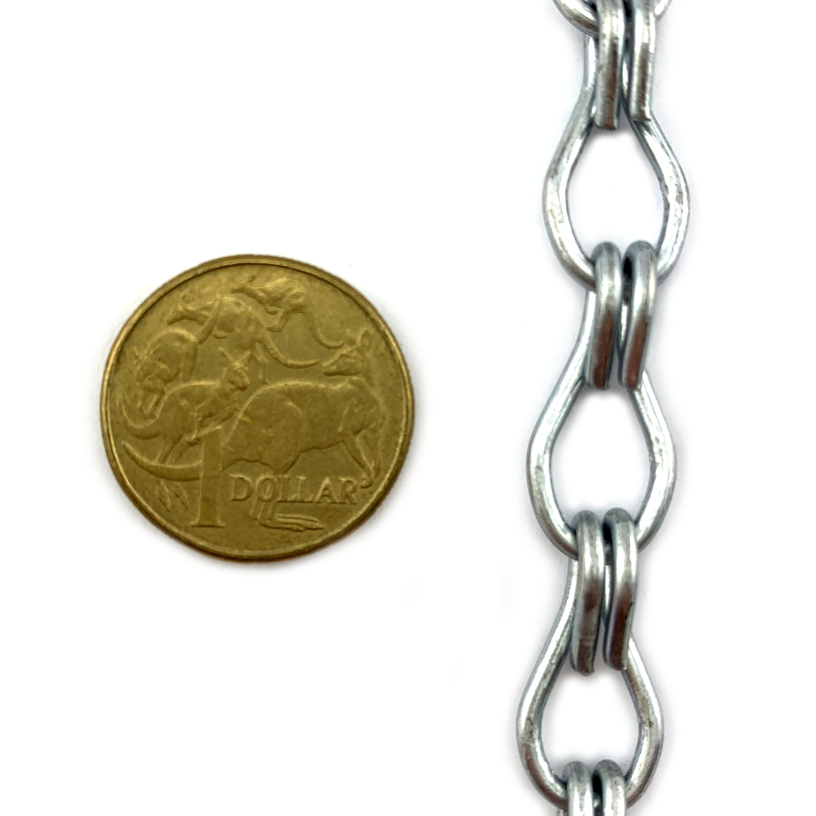 Double Jack Chain Galvanised size 2mm. Order by the metre. Australian made.