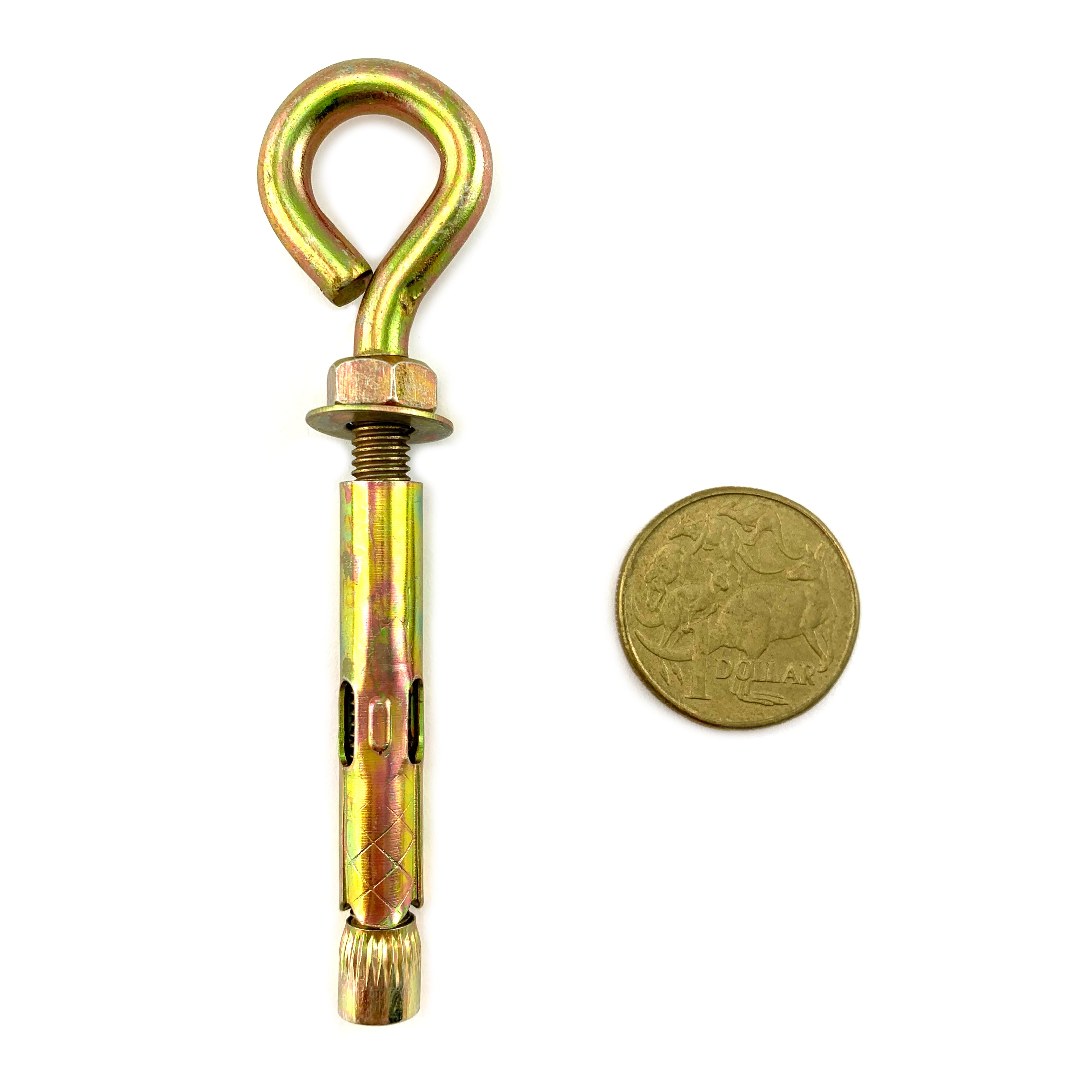 Eye anchor bolt in zinc passivated gold finish, size 6mm. Shop hardware online chain.com.au. Australia wide shipping.
