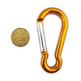 Aluminium snap hook carabiner in orange, size 8mm, untested. Shop online chain.com.au