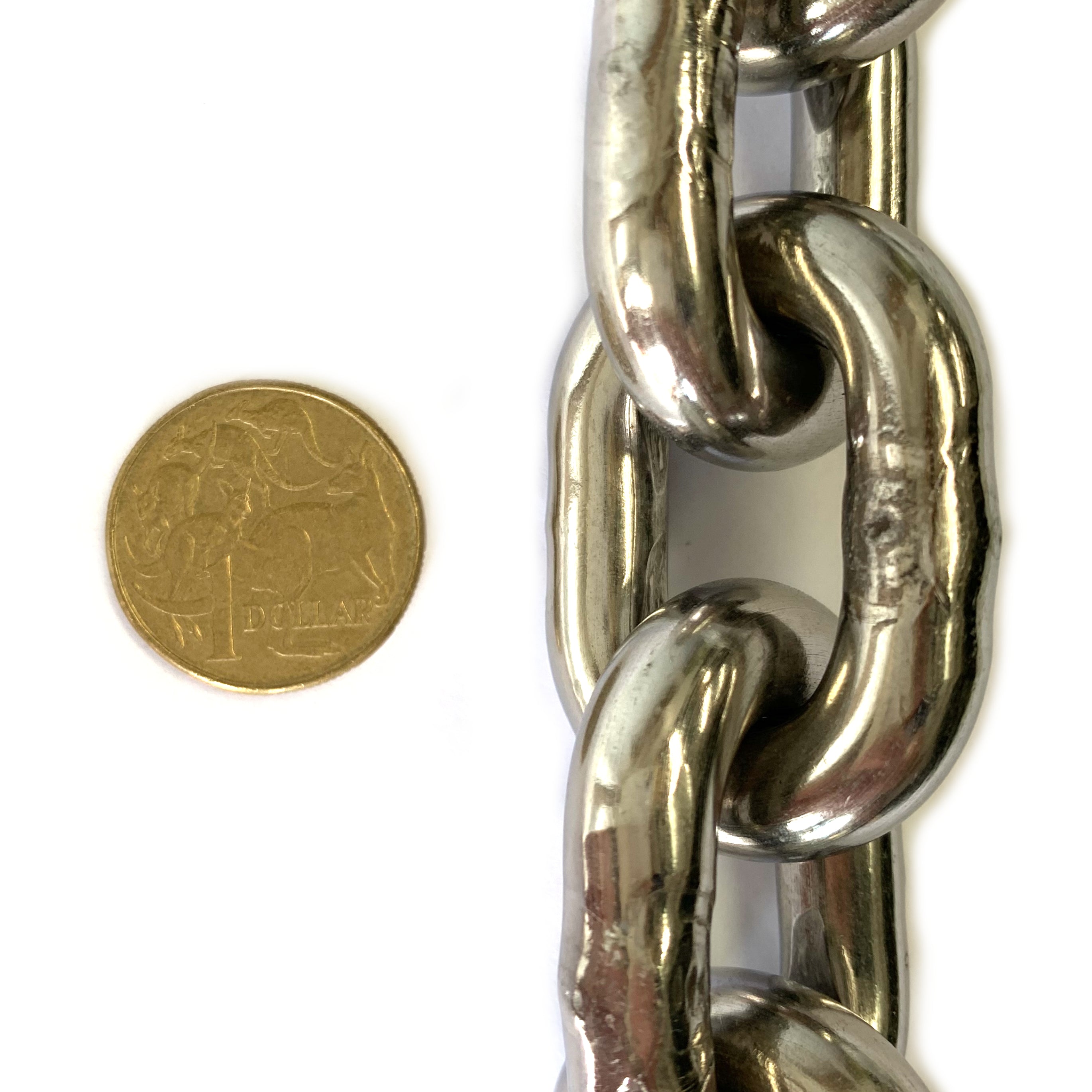 10mm stainless steel welded short link chain in a 25kg bucket with 10.4m of chain. Australia.