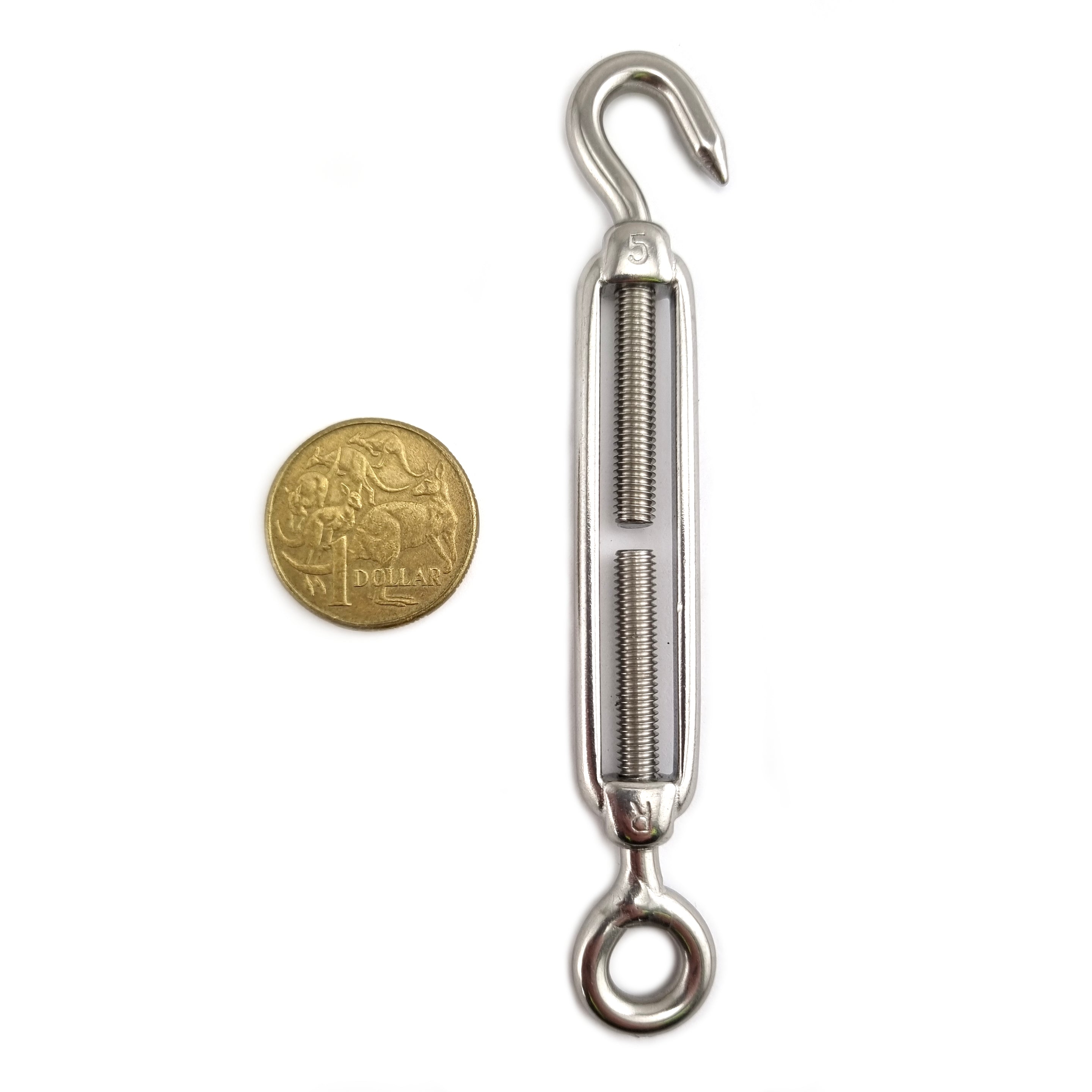 5mm  Open Body Turnbuckle in Stainless Steel - Hook and Eye. Shop hardware online chain.com.au 