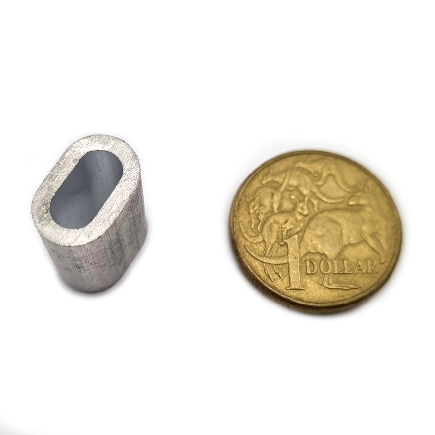 Aluminium sleeve swages are available in sizes: 3mm, 4mm, 5mm, 6mm, 8mm, 10mm and 12mm.