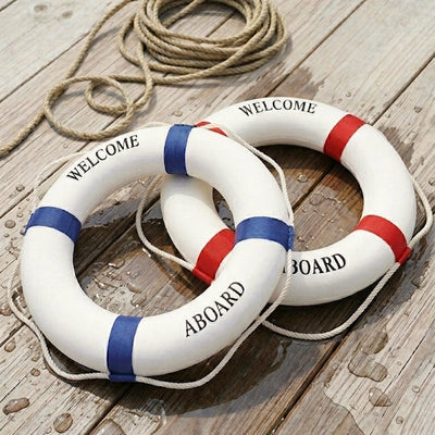 Decorative Life Buoys in white/blue and white/red colours with Welcome Aboard written on it. Australia wide shipping - Chain.com.au