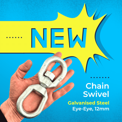 Galvanised steel Eye-Eye chain swivels in 6mm, 8mm, 12mm, 16mm, 20mm, 25mm and 32mm sizes at Chain.com.au.