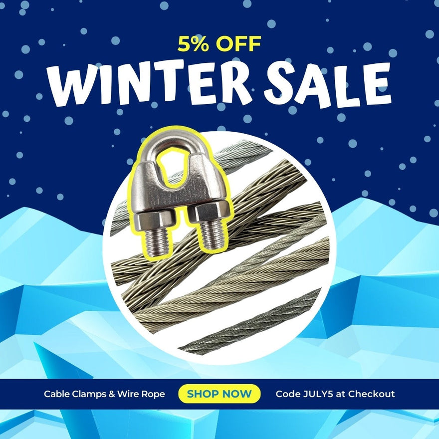 Stainless steel cable clamps and wire rope for balustrade and rigging applications with July Winter Sale promotion at Chain.com.au.