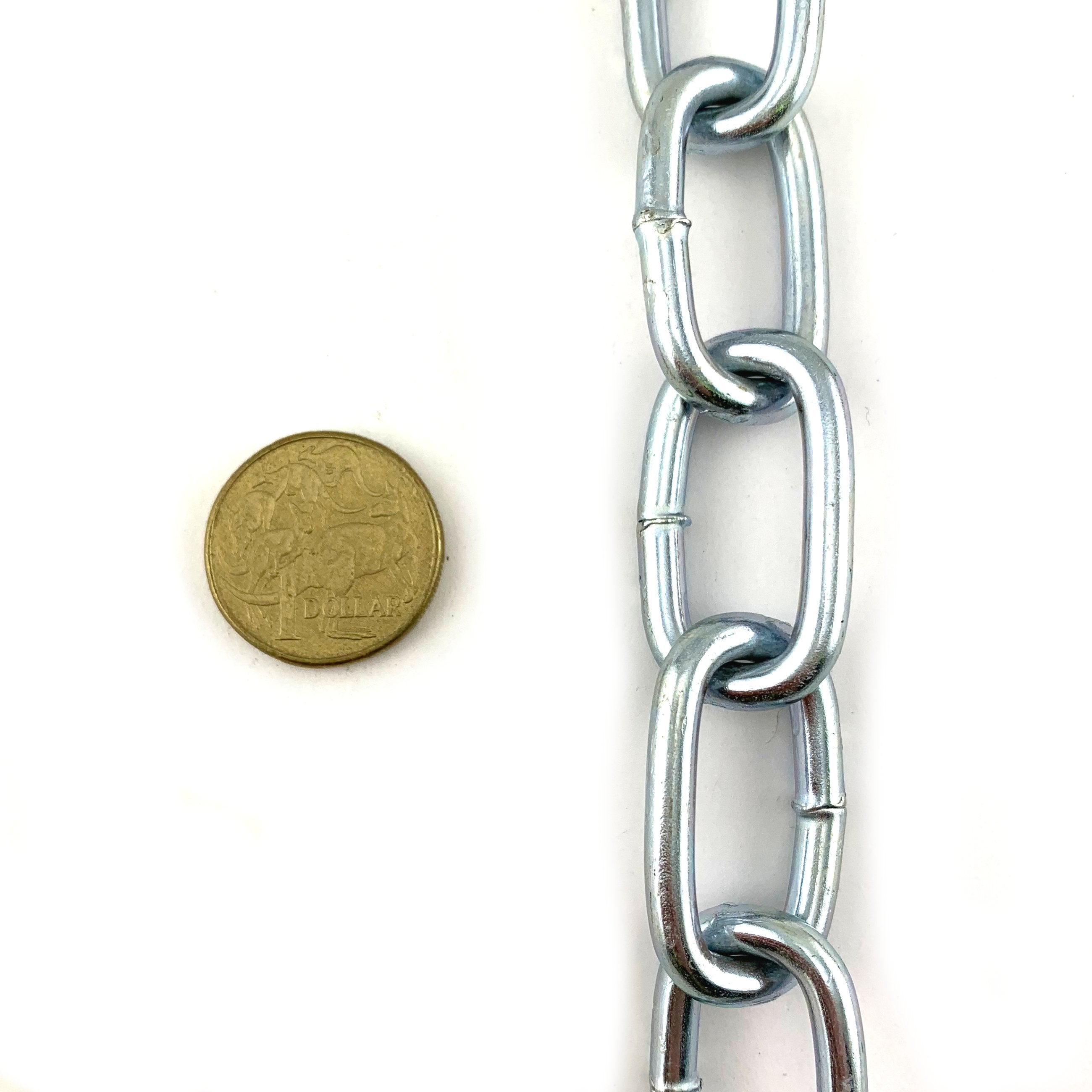 5mm long link zinc plated roller door chain. By the metre or bulk buy 25kg. Australia wide delivery.