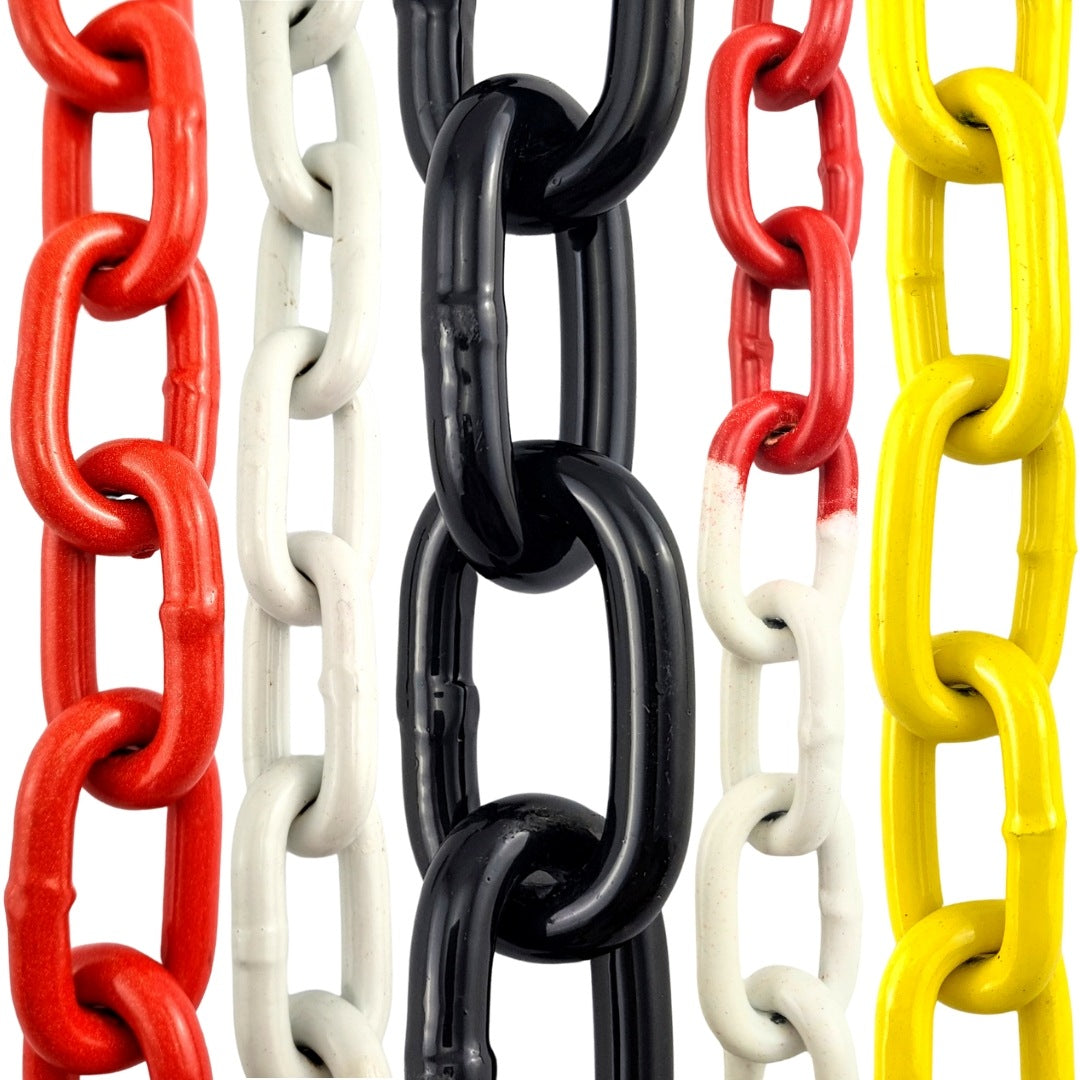 Welded steel chain in various powder coated coloured finishes.