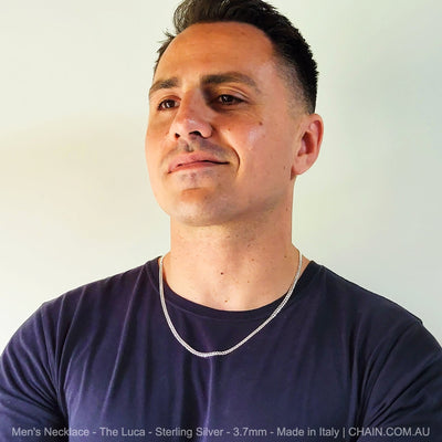 Italian made 925 sterling silver men's chain necklaces presented in a black velvet jewellery box. Australia wide shipping. Shop jewellery chain necklaces online chain.com.au