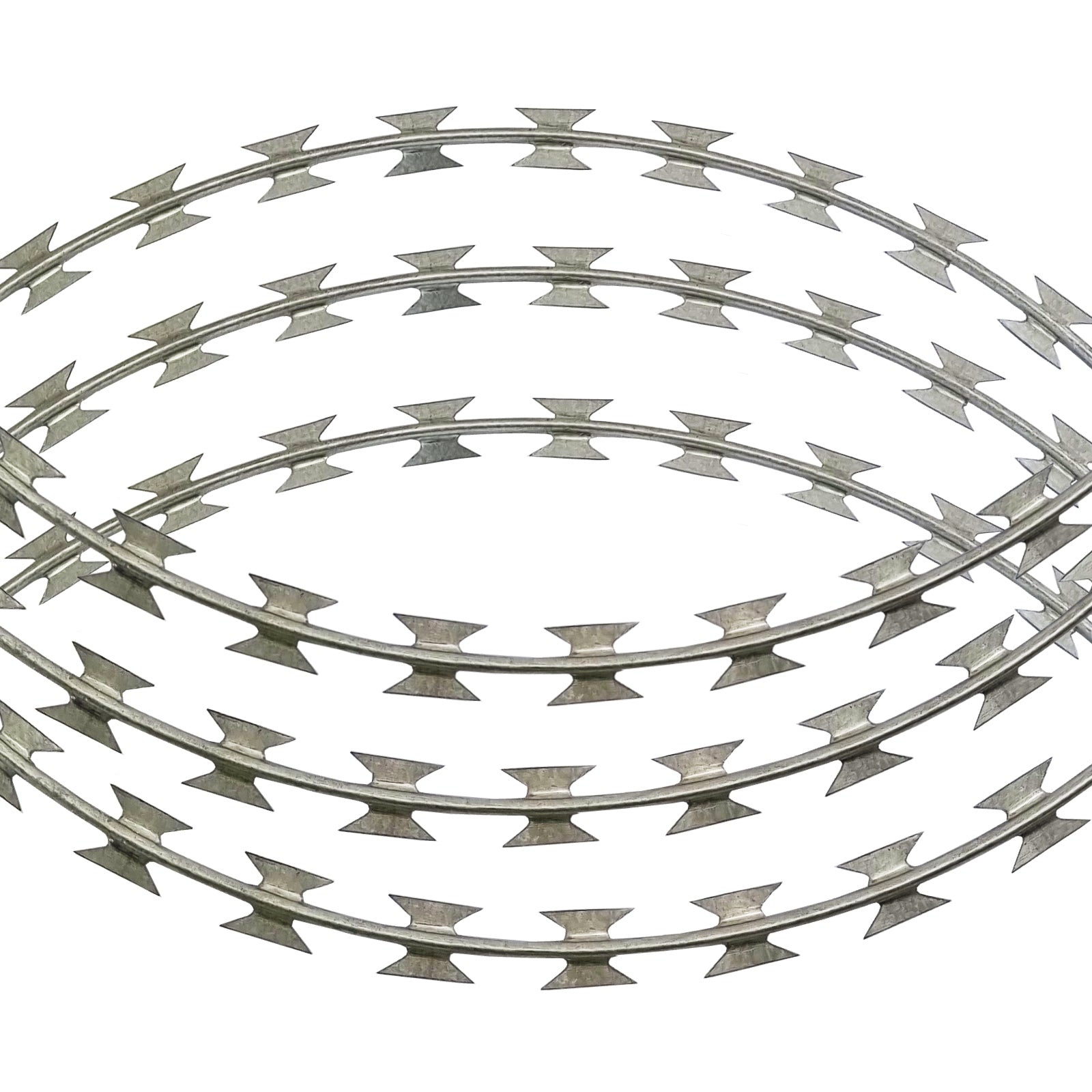 Galvanised razor wire in style BTO22. Available by the 100m coil or rings.