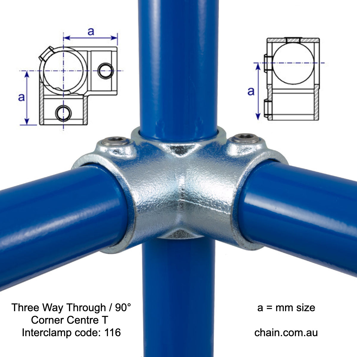 Three Way Through or 90 Degree Corner Centre T by Interclamp Code 116. Shop rail, pipe and fence fittings online at chain.com.au. Australia wide shipping.