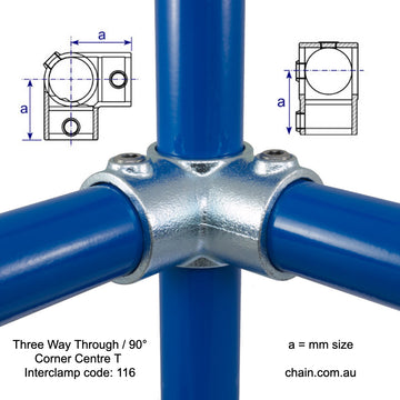 Three Way Through or 90 Degree Corner Centre T by Interclamp Code 116. Shop rail, pipe and fence fittings online at chain.com.au. Australia wide shipping.