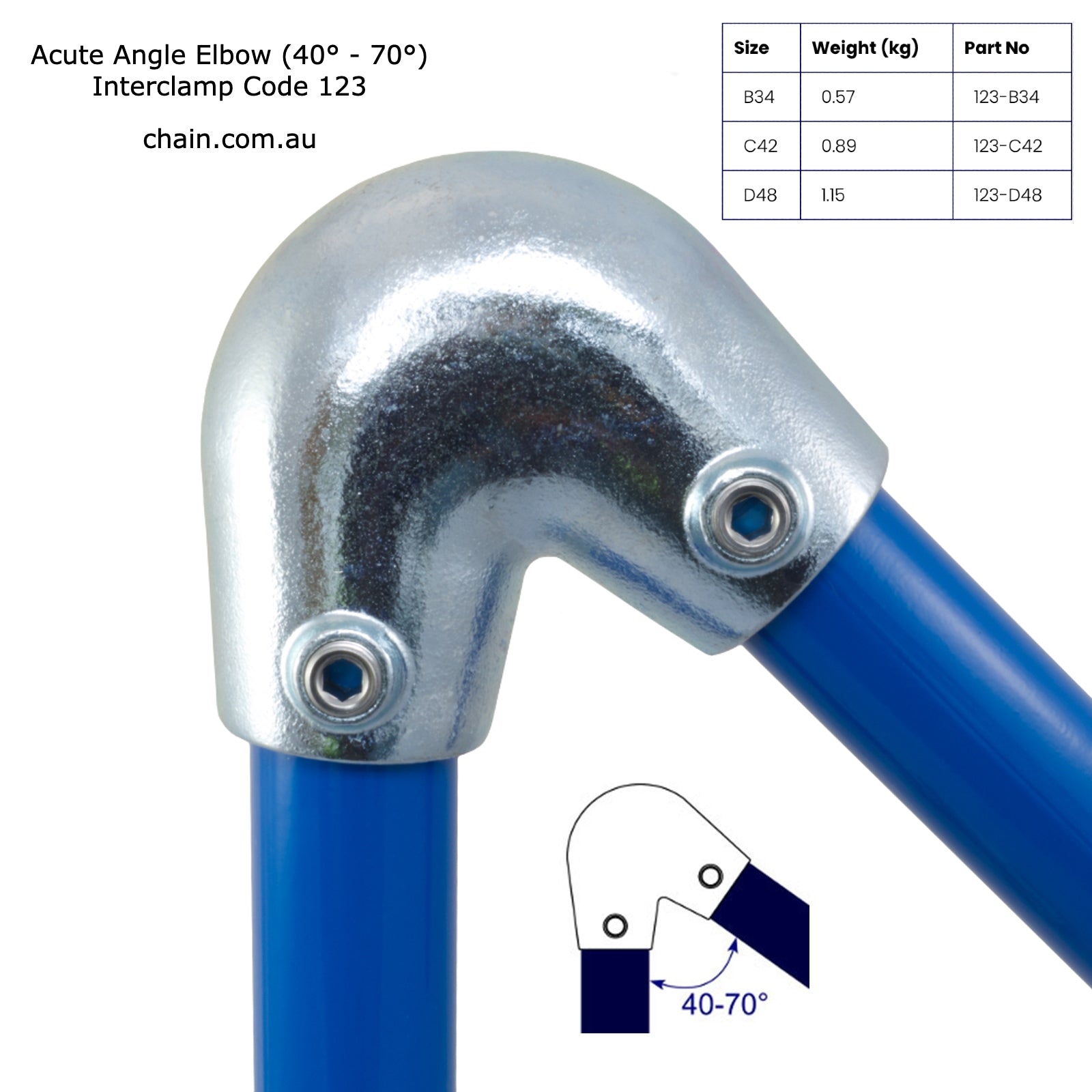 Acute Angle Elbow 40 to 70 degree for Galvanised Pipe by Interclamp Code 123. Shop rail and pipe fittings online chain.com.au