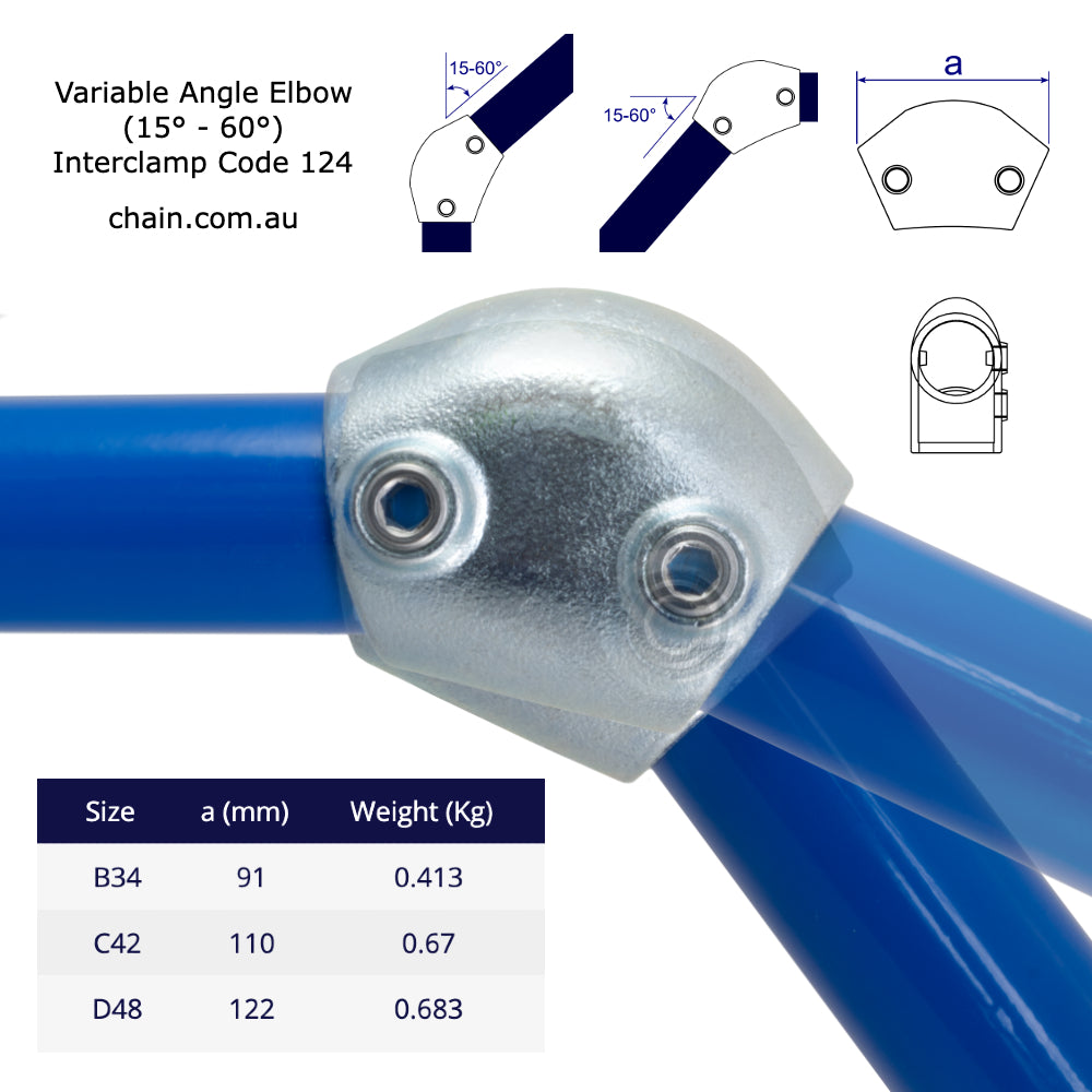 Variable Angle Elbow 15° to 60° for Galvanised Pipe (Interclamp Code 124). Australia wide delivery. Shop online chain.com.au