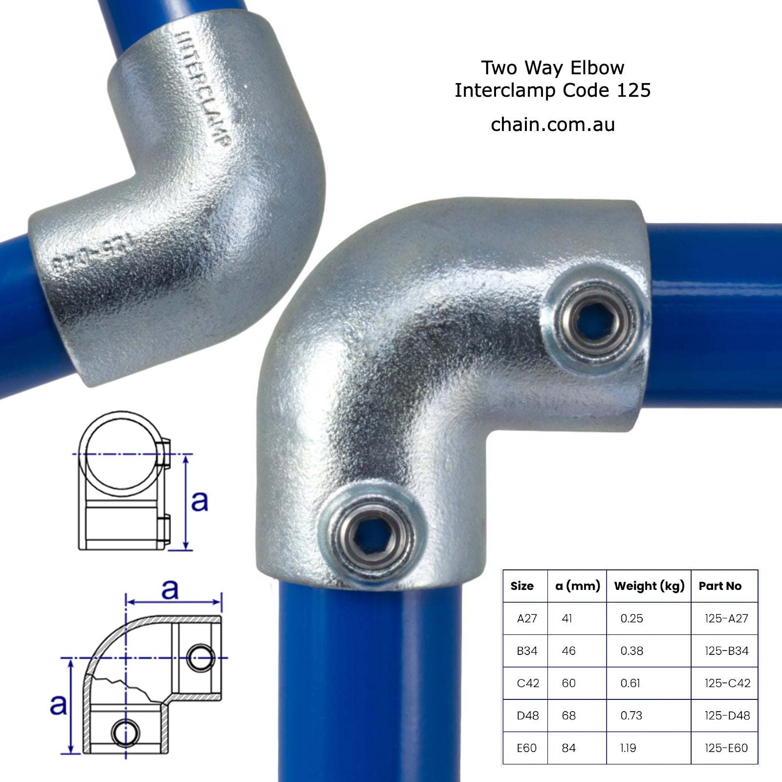 Two Way Elbow 90° Angle Joint for Galvanised Pipe (Interclamp Code 125). Shop rail and pipe fittings online chain.com.au. Australia wide delivery.