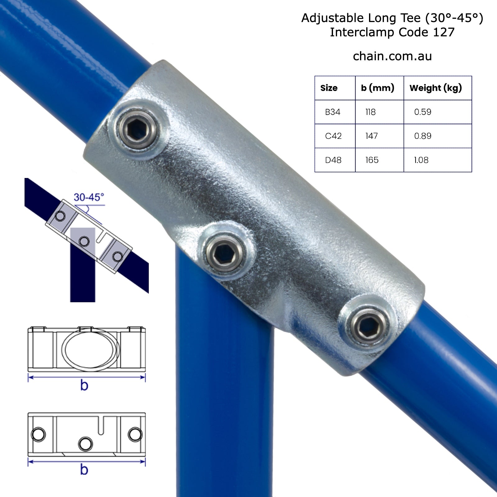 Adjustable Long T for Galvanised Pipe 30 to 45 degrees. Interclamp Code 127. Shop online chain.com.au. Australia wide shipping.