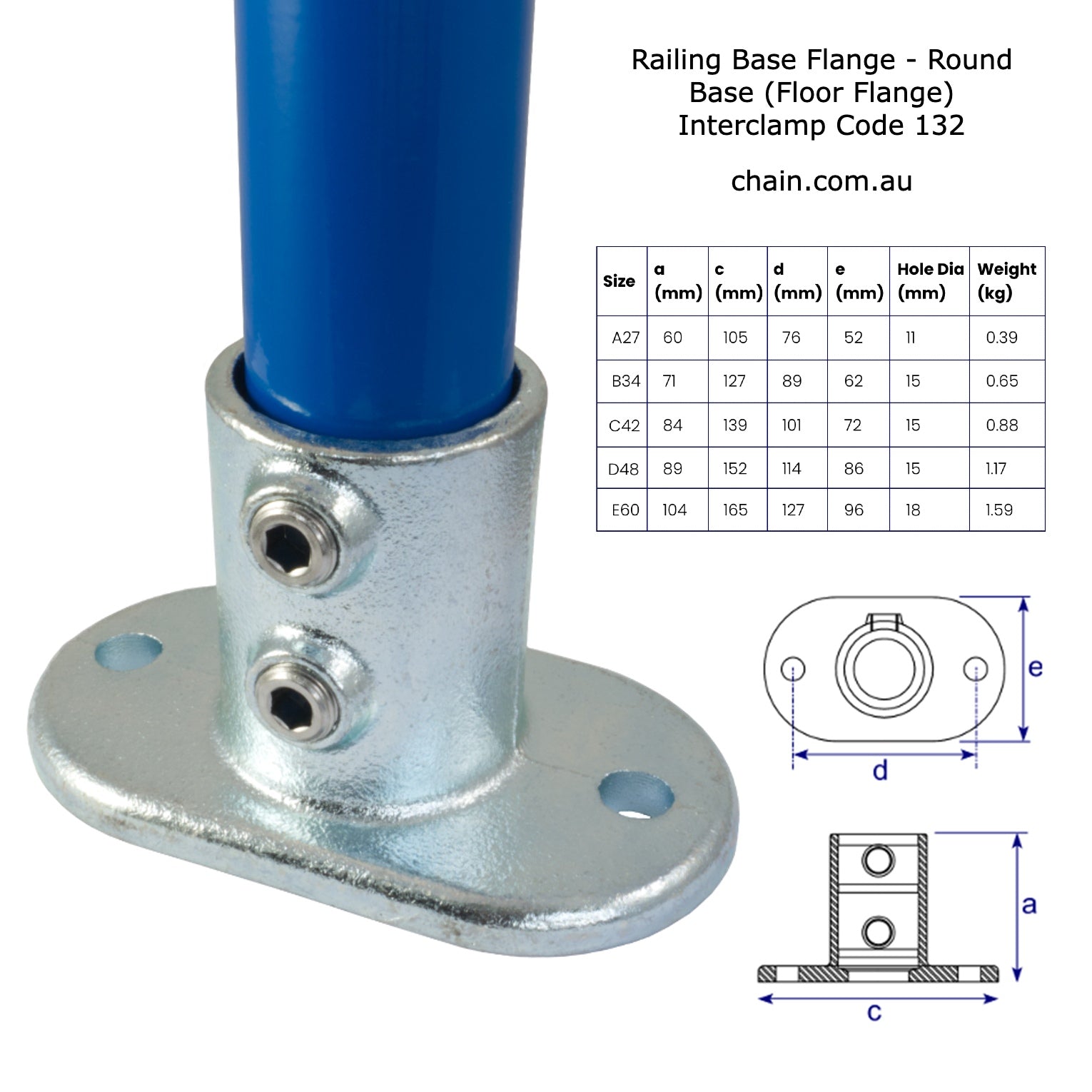 Floor Flange (Railing Base Flange) for Galvanised Pipe. Interclamp code 132. Shop online chain.com.au. Australia wide shipping.