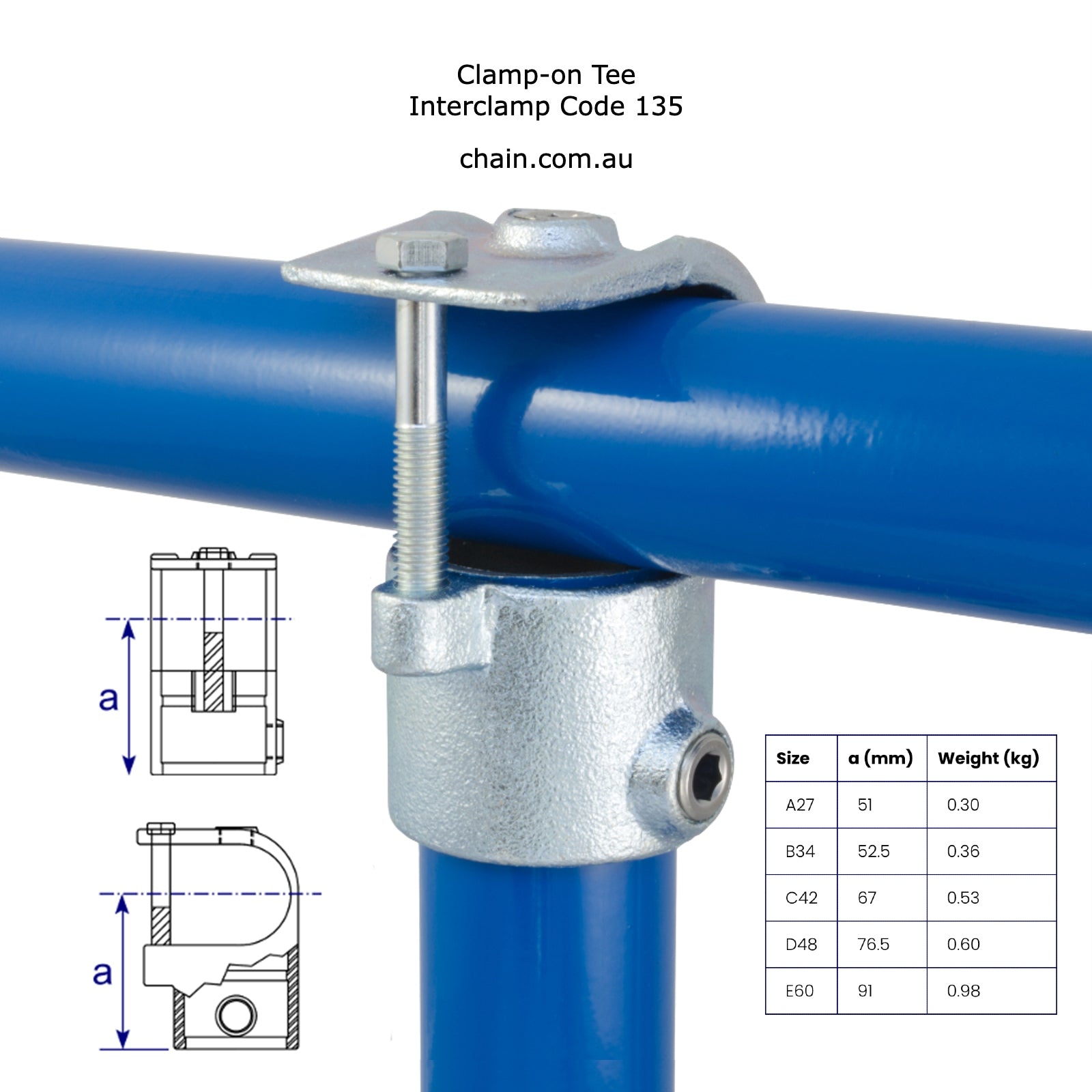 Clamp-On T for Galvanised Pipe, by Interclamp Code 135. Various sizes. Shop rail & pipe fittings online chain.com.au. Shipping Australia wide.