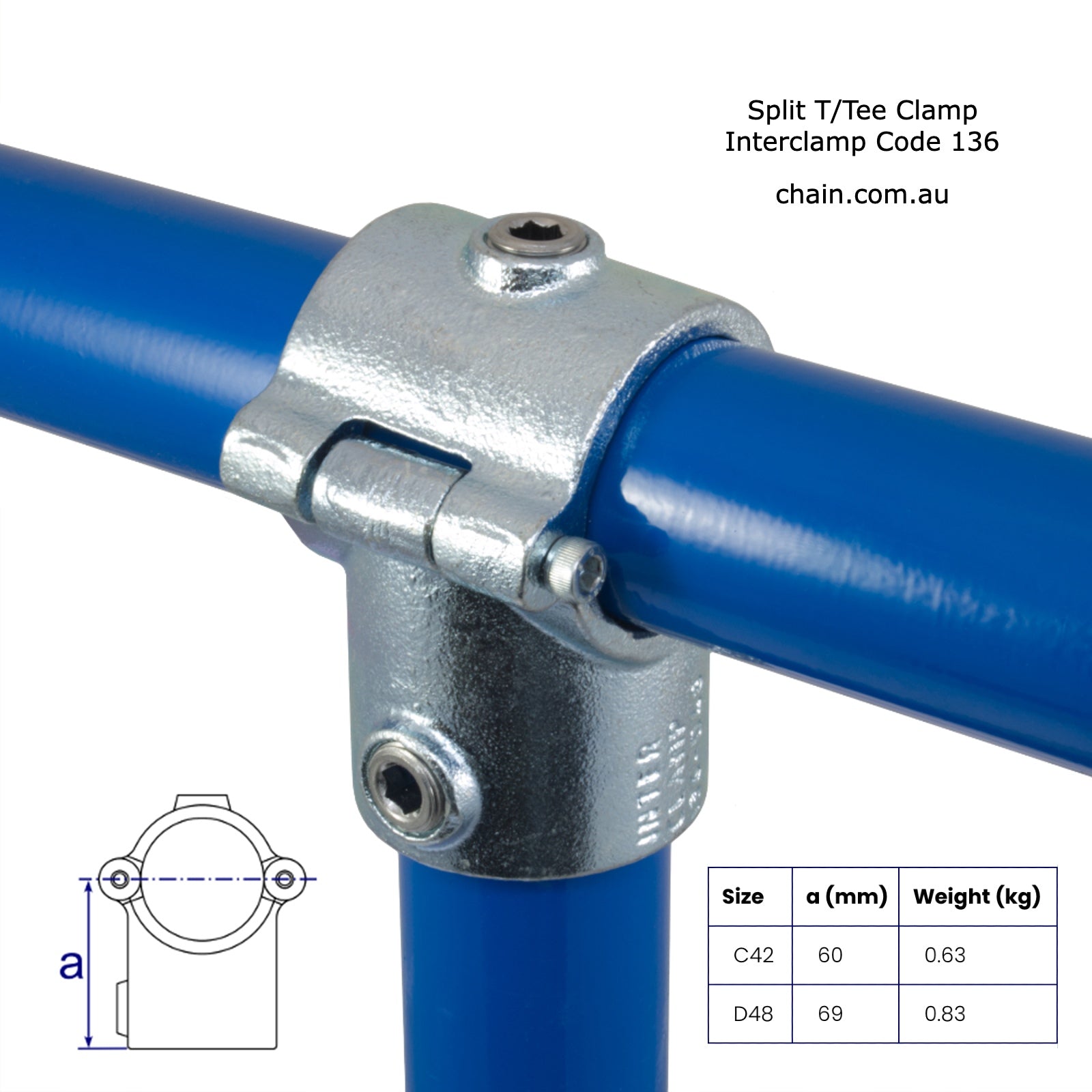 Split T/Tee Clamp for Galvanised Pipe by Interclamp, Code 136. Shop rail & pipe fittings online chain.com.au. Australia wide shipping.