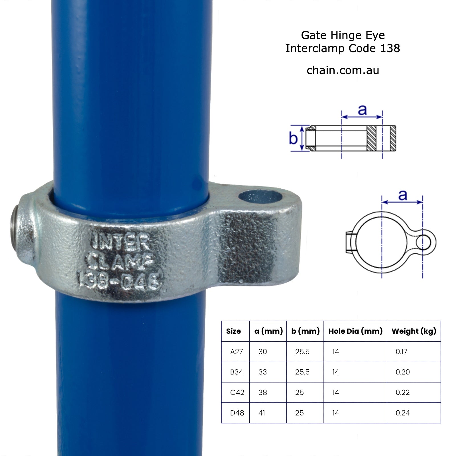 Gate Hinge Eye for Galvanised Pipe (Interclamp Code 138). Shop online chain.com.au. Australia wide shipping.