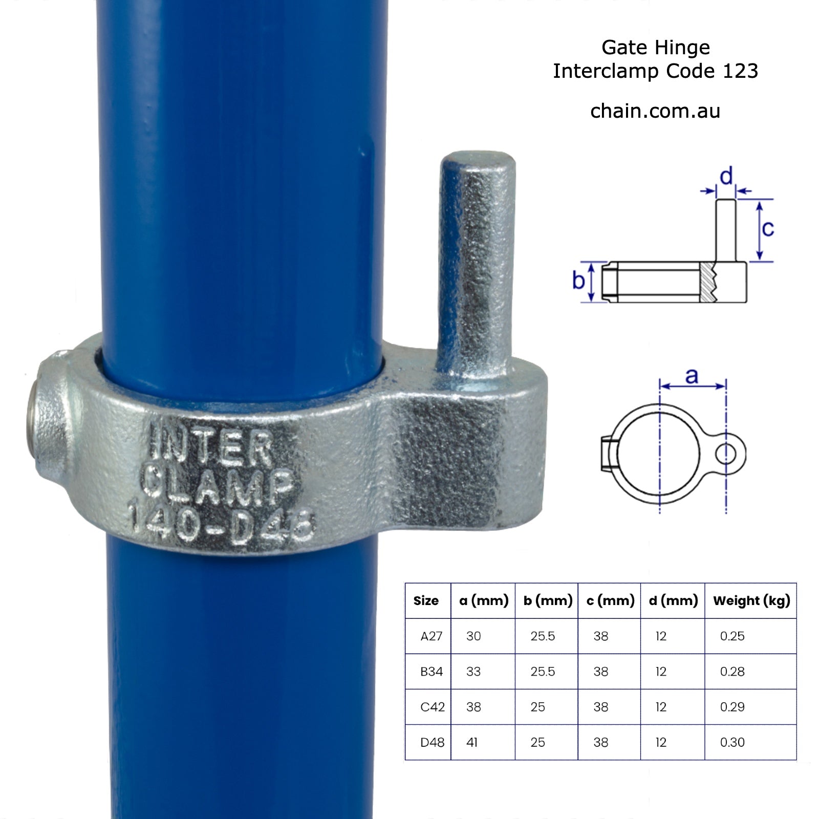 Gate Hinge for Galvanised Pipe. Interclamp Code 140. Shop online chain.com.au. Australia wide shipping.