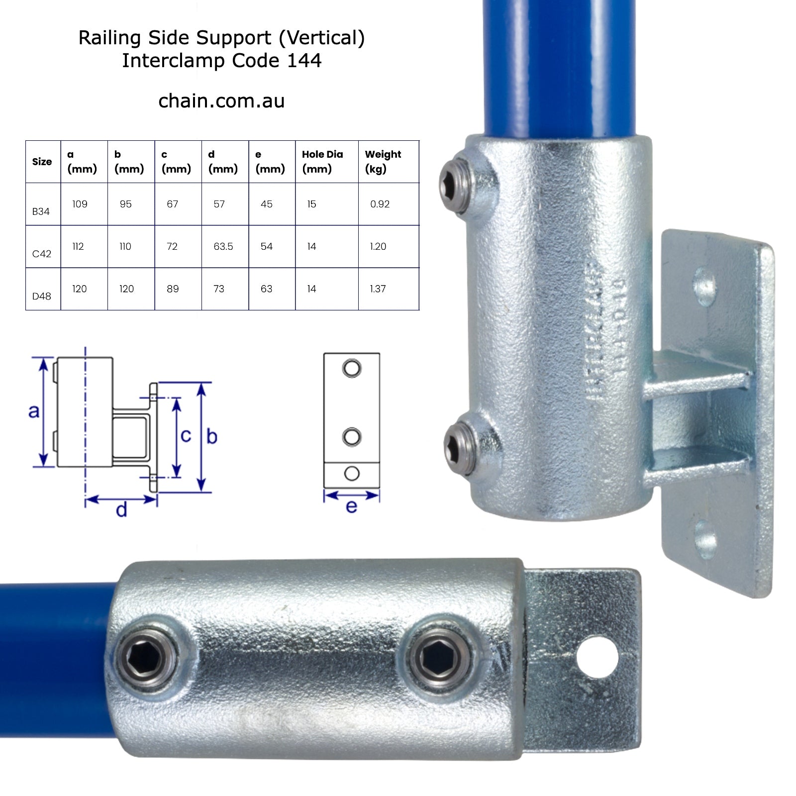 Railing Side Support - Vertical for Galvanised Pipe. Interclamp Code 144. 