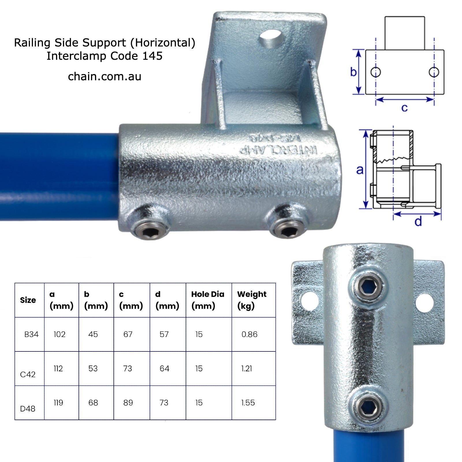 Railing Side Support - Horizontal for Galvanised Pipe (Interclamp Code 145). Various sizes available. Shop online chain.com.au. Shipping Australia wide.