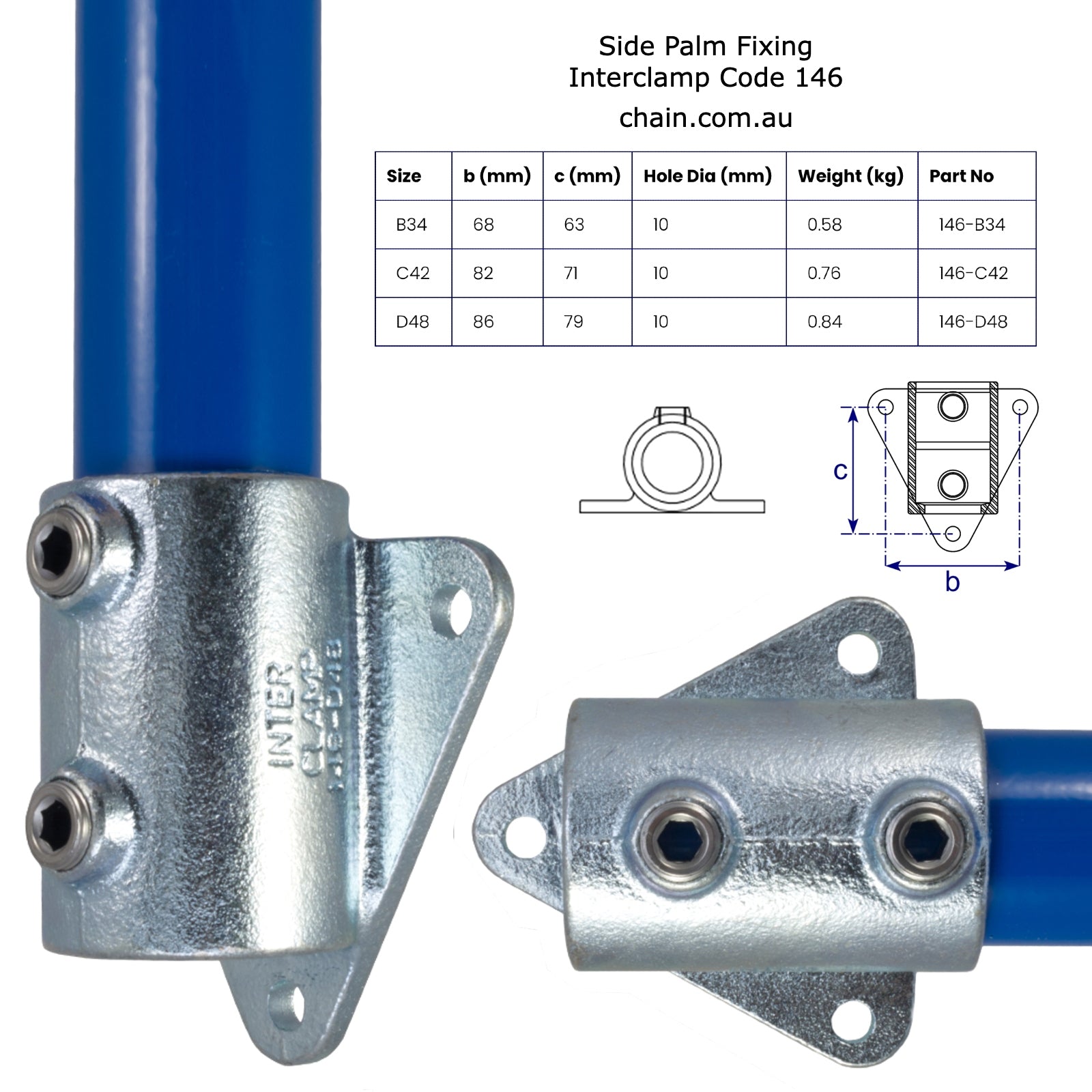 Side Palm Fixing for Galvanised Pipe (Interclamp Code 146). Shop chain.com.au. Australia wide shipping.