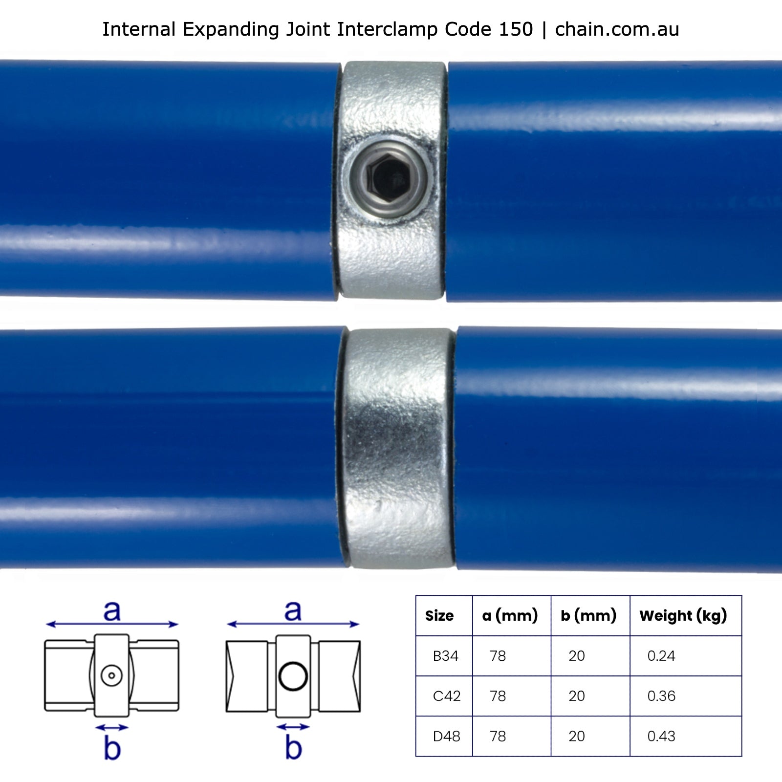 Internal Expanding Joint for Galvanised Pipe by Interclamp (Code 150). Shop rail and pipe fittings online chain.com.au. Australia wide shipping.