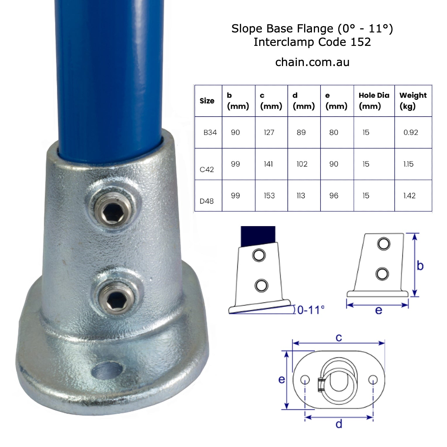 Slope Base Flange (0° - 11°) for Galvanised Pipe, Interclamp Code 152. Shop rail & pipe fittings online chain.com.au. Australia wide shipping.