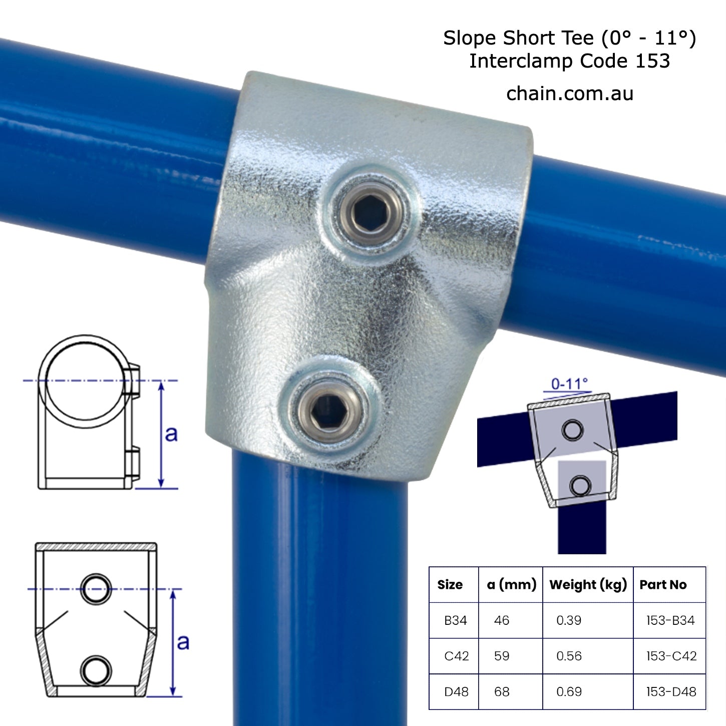 Slope Short T, 0 to 11 Degrees (0° - 11°) for Galvanised Pipe. Interclamp Code 153. Shop online, Australia wide shipping. Chain.com.au